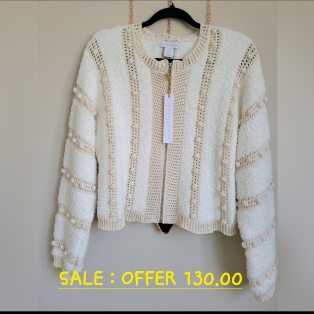 House Of Harlow Pom Pom In Cream Zip Cardigan Size Xs